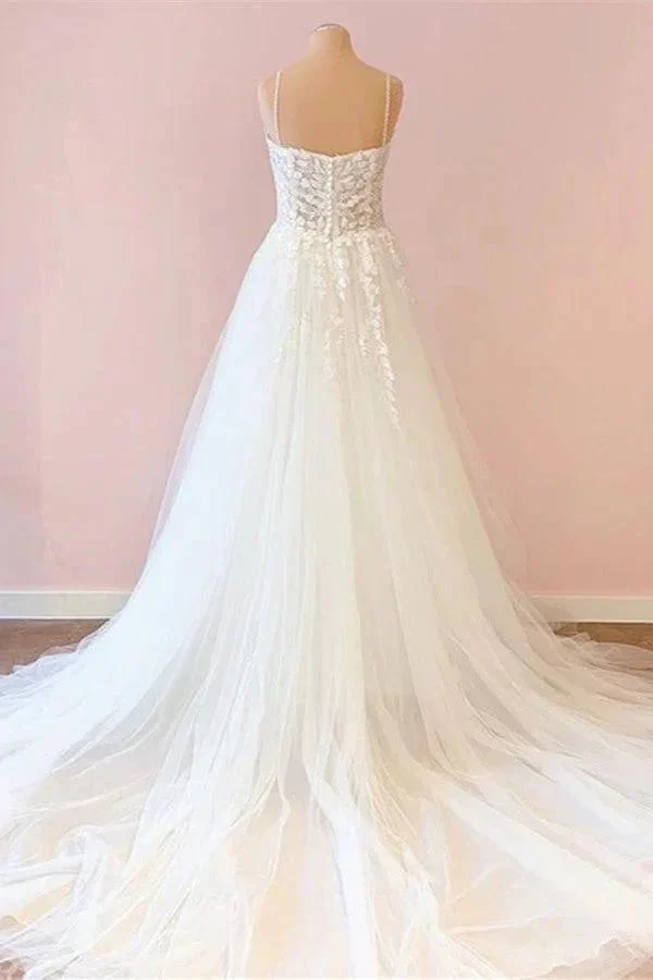 Long A-Line Sweetheart Tulle Appliques Lace Wedding Dress - Image 2