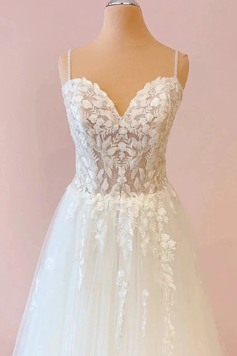 Long A-Line Sweetheart Tulle Appliques Lace Wedding Dress - Image 3