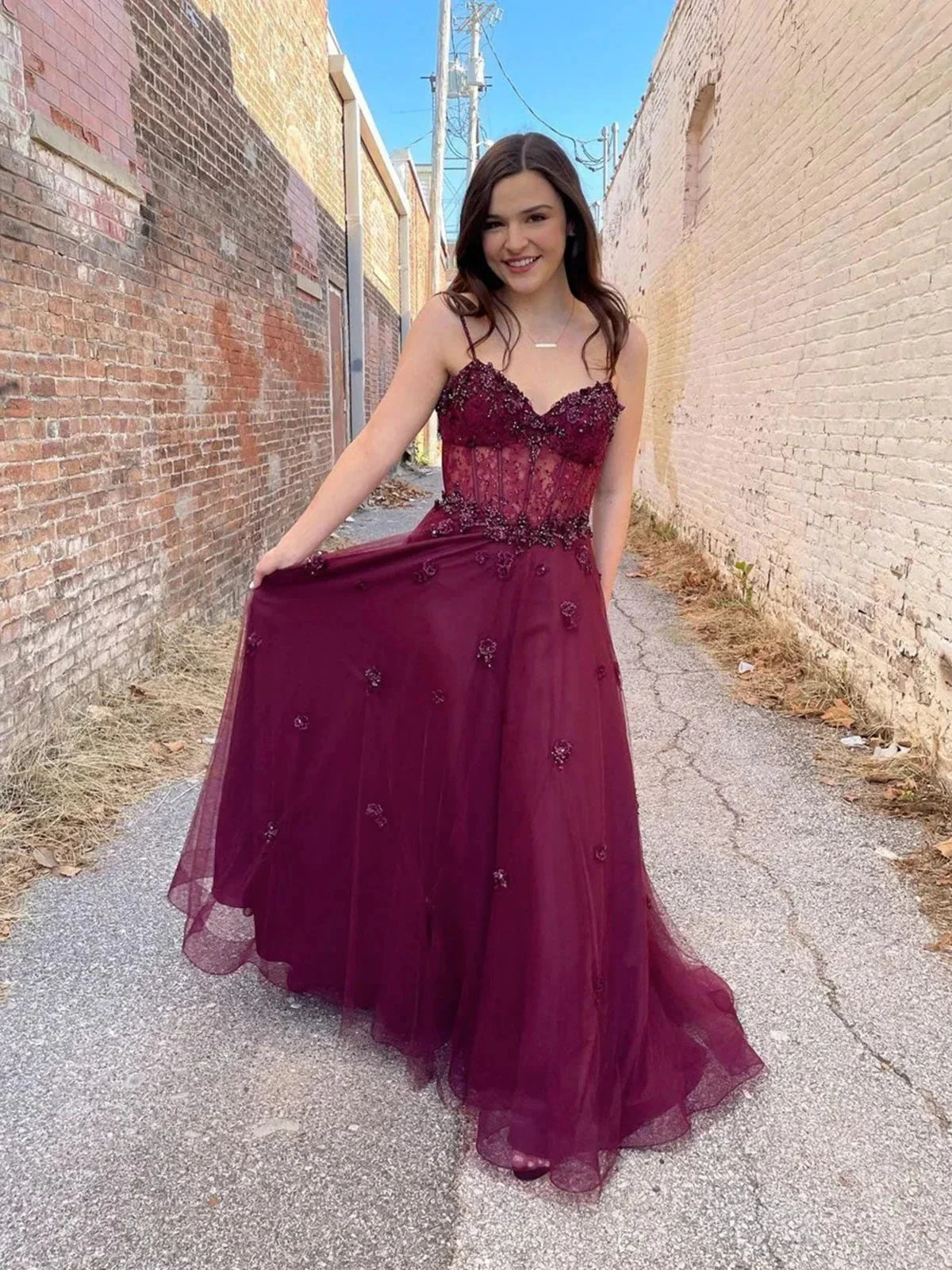 Long A Line Sweetheart Tulle Backless Prom dress Burgundy Formal Graduation Evening Dresses - Image 2