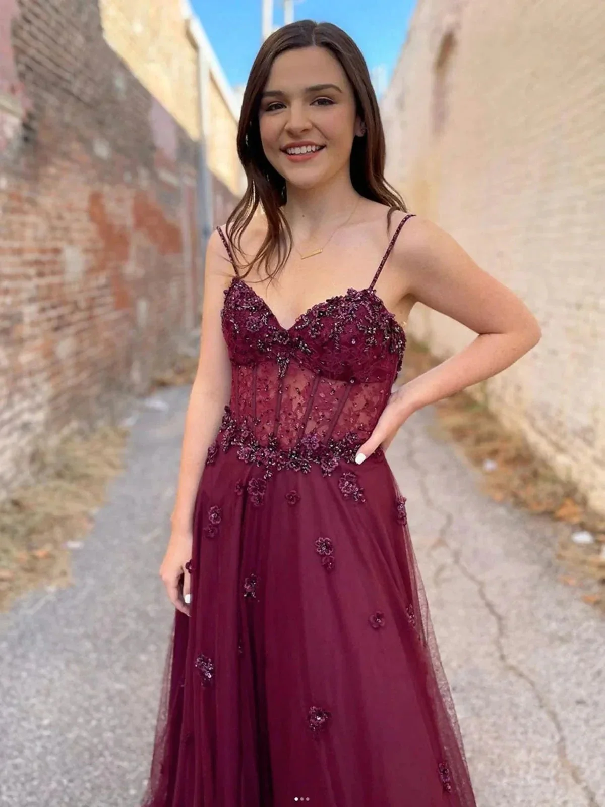 Long A Line Sweetheart Tulle Backless Prom dress Burgundy Formal Graduation Evening Dresses - Image 3
