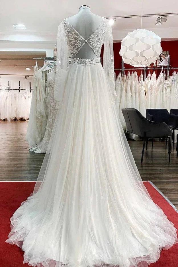 Long A-line Sweetheart Tulle Beadings Lace Appliques Wedding Dresses With Sleeves - Image 2