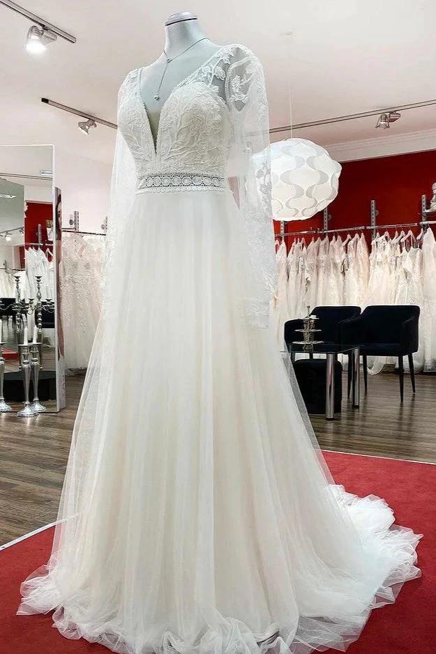 Long A-line Sweetheart Tulle Beadings Lace Appliques Wedding Dresses With Sleeves - Image 3