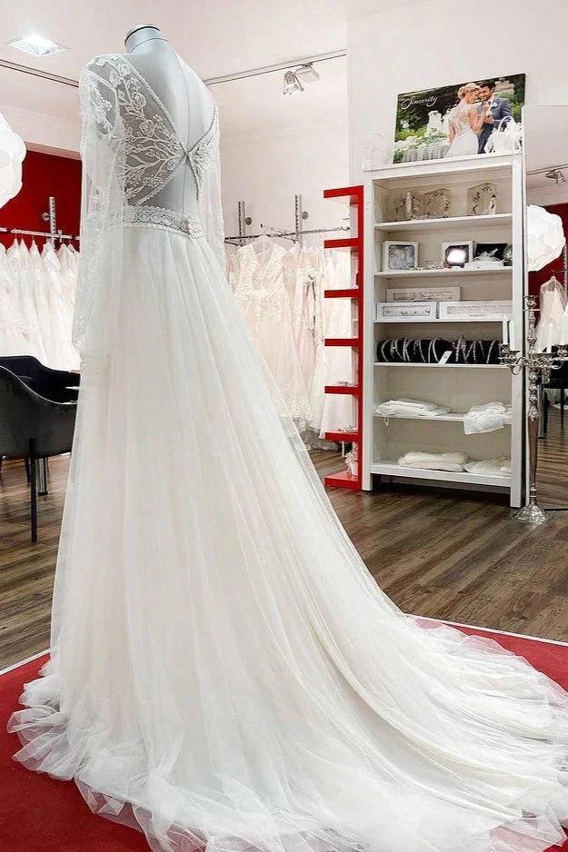 Long A-line Sweetheart Tulle Beadings Lace Appliques Wedding Dresses With Sleeves - Image 4