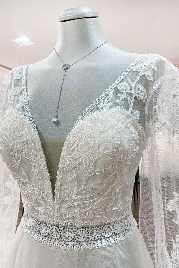 Long A-line Sweetheart Tulle Beadings Lace Appliques Wedding Dresses With Sleeves - Image 5