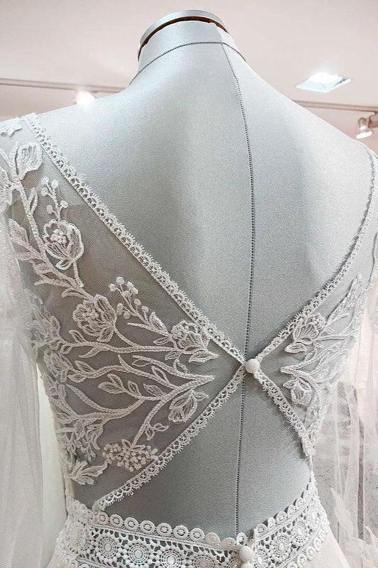 Long A-line Sweetheart Tulle Beadings Lace Appliques Wedding Dresses With Sleeves - Image 6