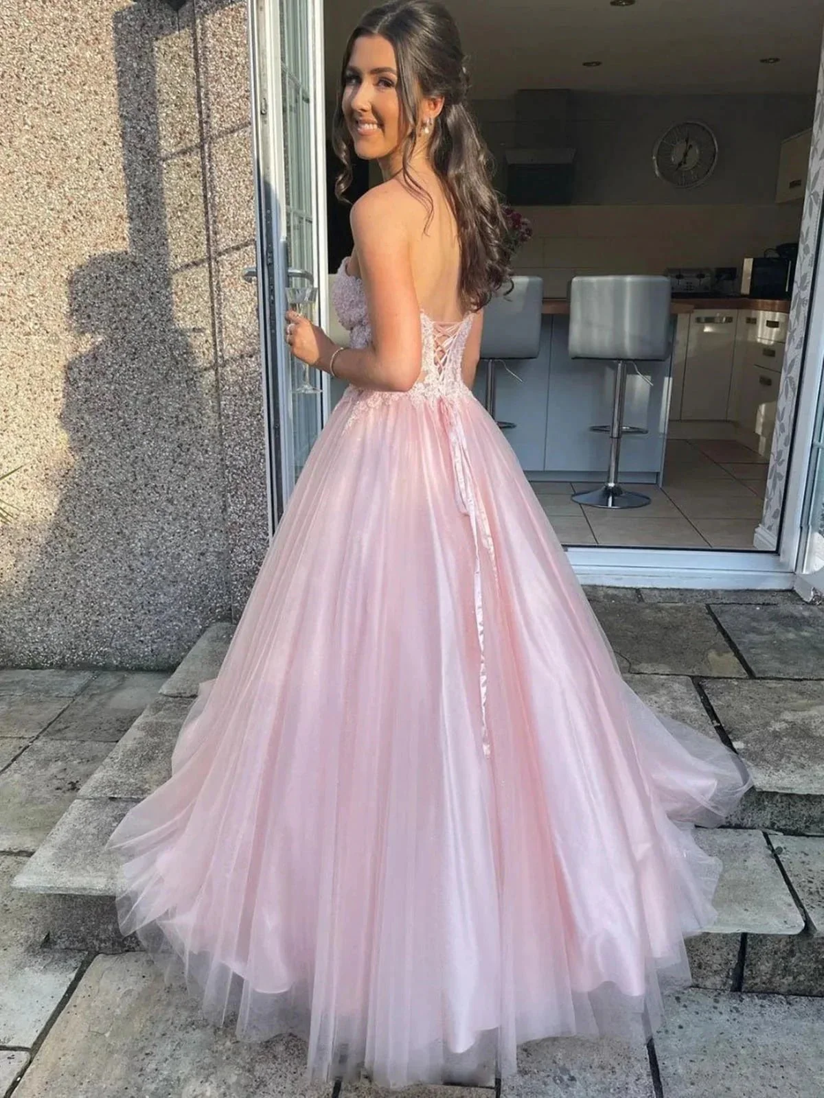 Long A-line Sweetheart Tulle Lace Prom Dress Pink Lace Formal Evening Gowns - Image 2