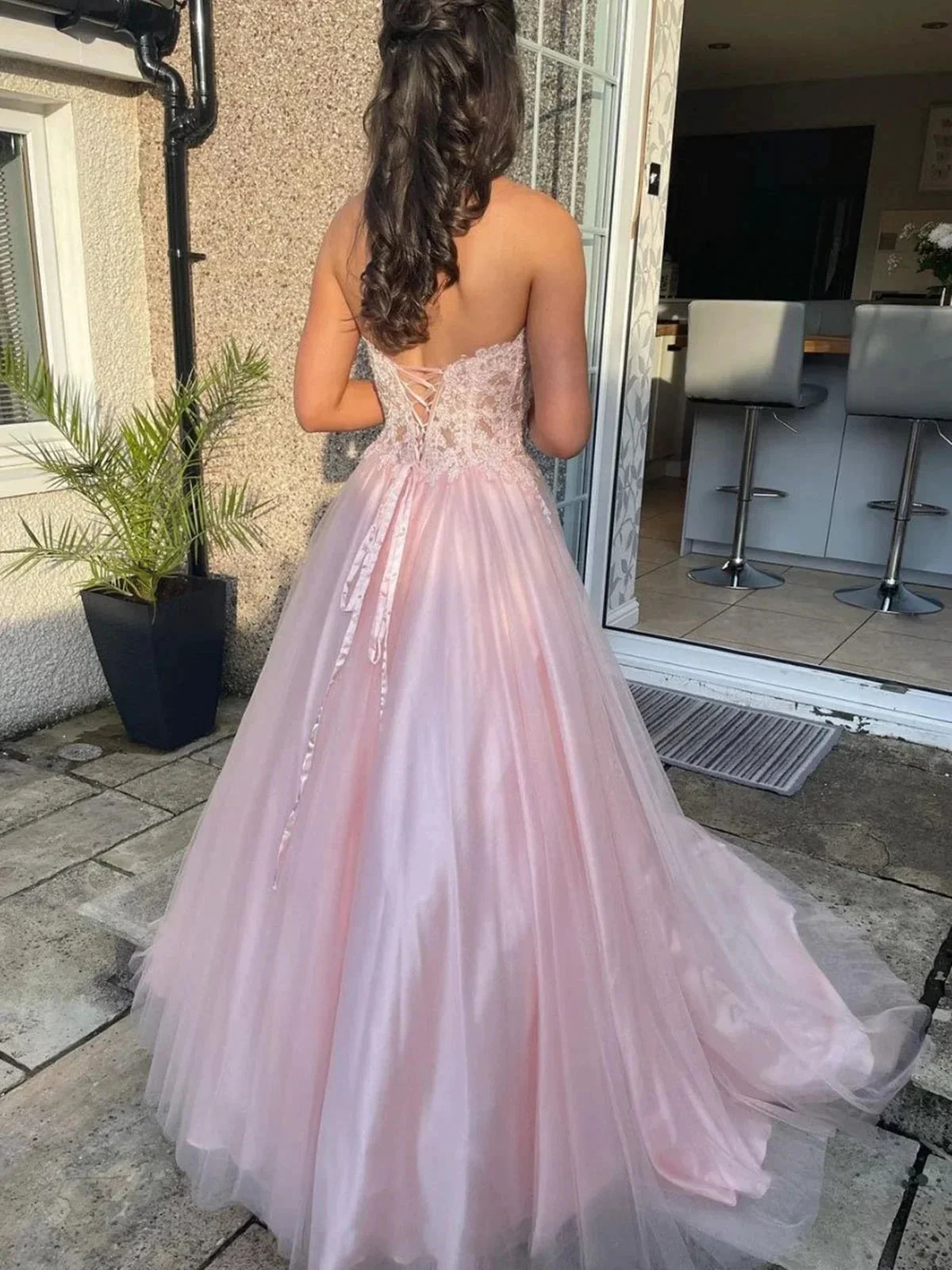 Long A-line Sweetheart Tulle Lace Prom Dress Pink Lace Formal Evening Gowns - Image 3