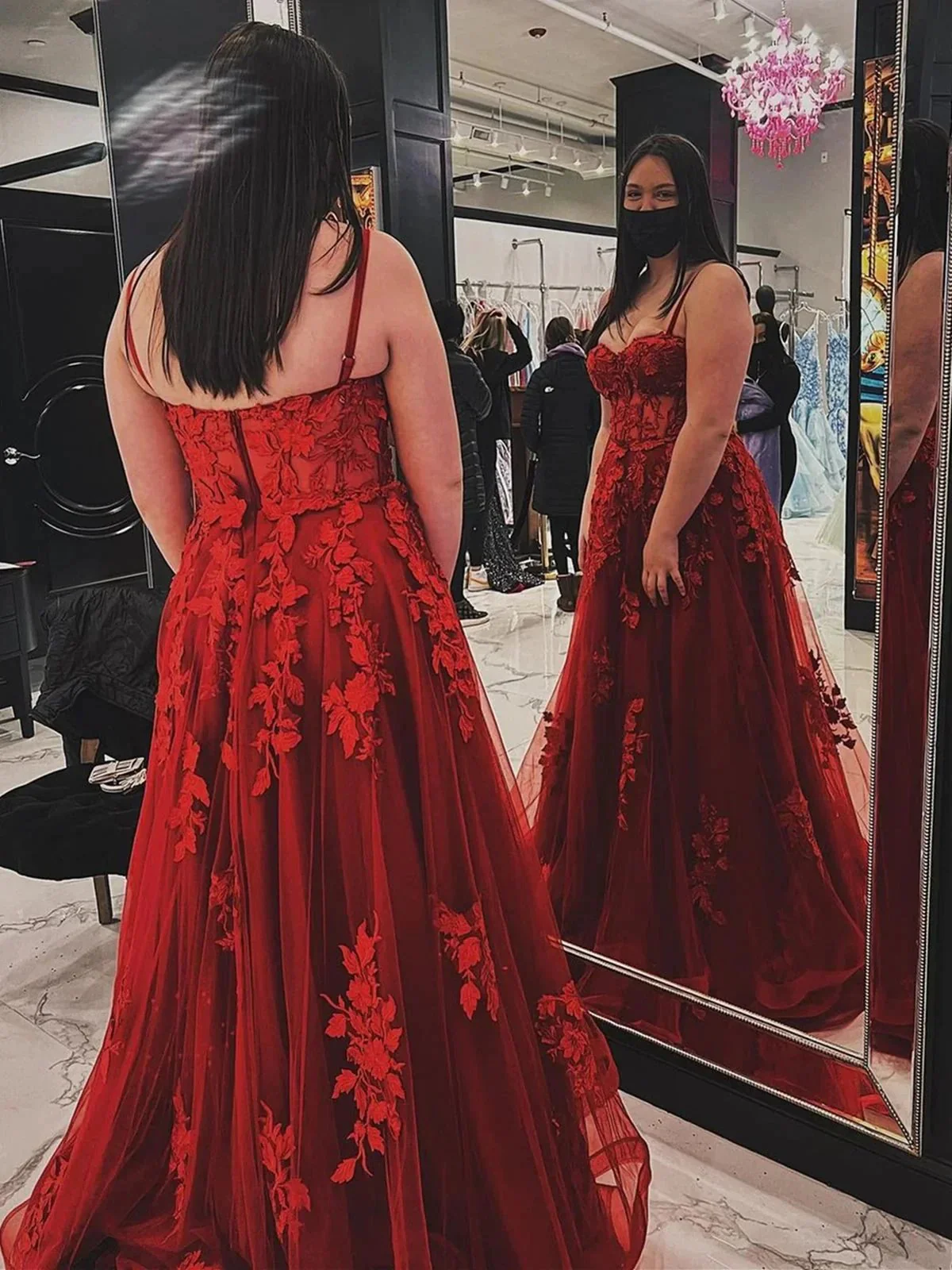 Long A-line Sweetheart Tulle Lace Prom Dress Red Formal Graduation Evening Gowns - Image 2