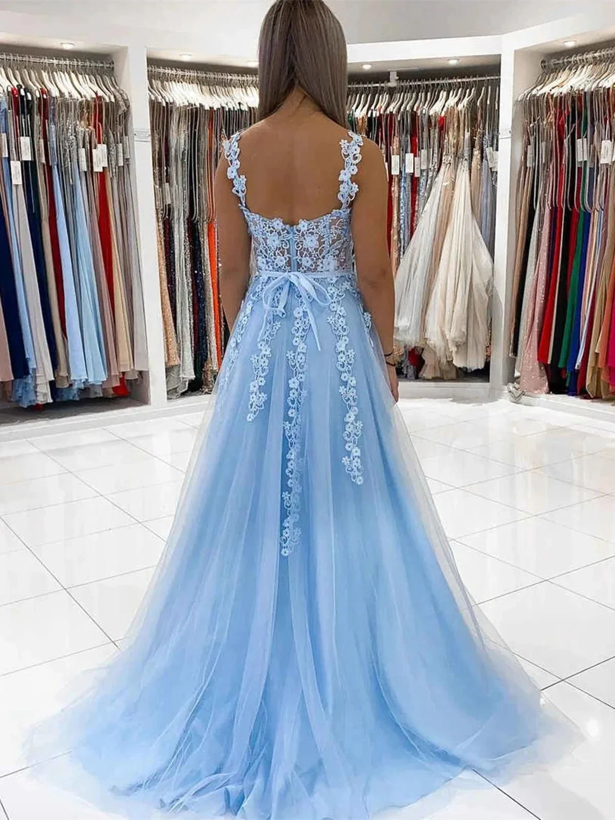 Long A-line Sweetheart Tulle Lace Prom Dress Sky Blue Formal Graduation Evening Dresses with 3D Flowers - Image 2