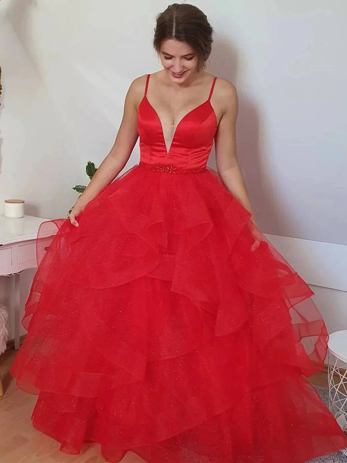 Long A-line Sweetheart Tulle Prom Dress Red Formal Evening Gowns - Image 2