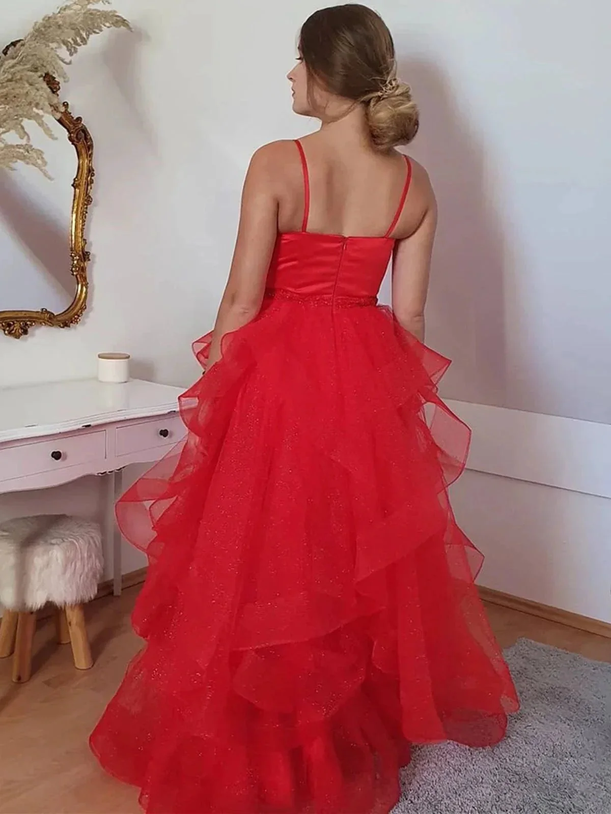 Long A-line Sweetheart Tulle Prom Dress Red Formal Evening Gowns - Image 3