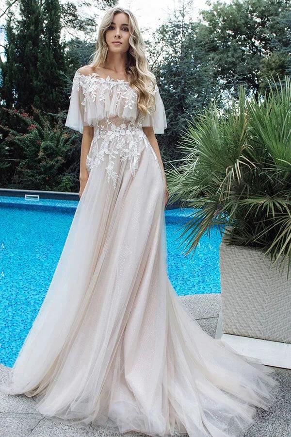 Long A-line Tulle Appliques Lace Off-the-shoulder Wedding Dress - Image 3