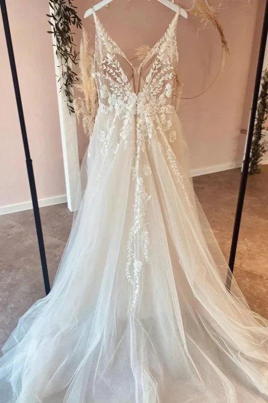 Long A-Line Tulle Appliques Lace Spaghetti Straps V-neck Backless Wedding Dress - Image 2
