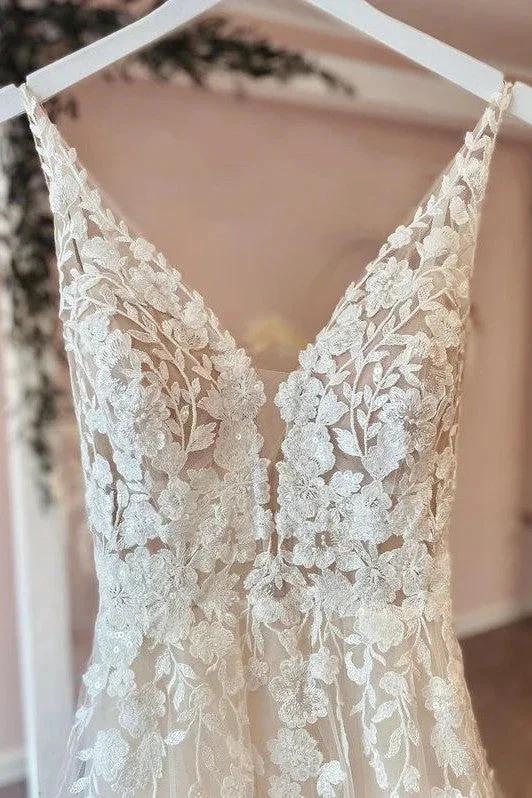 Long A-Line Tulle Appliques Lace Spaghetti Straps V-neck Backless Wedding Dress - Image 3