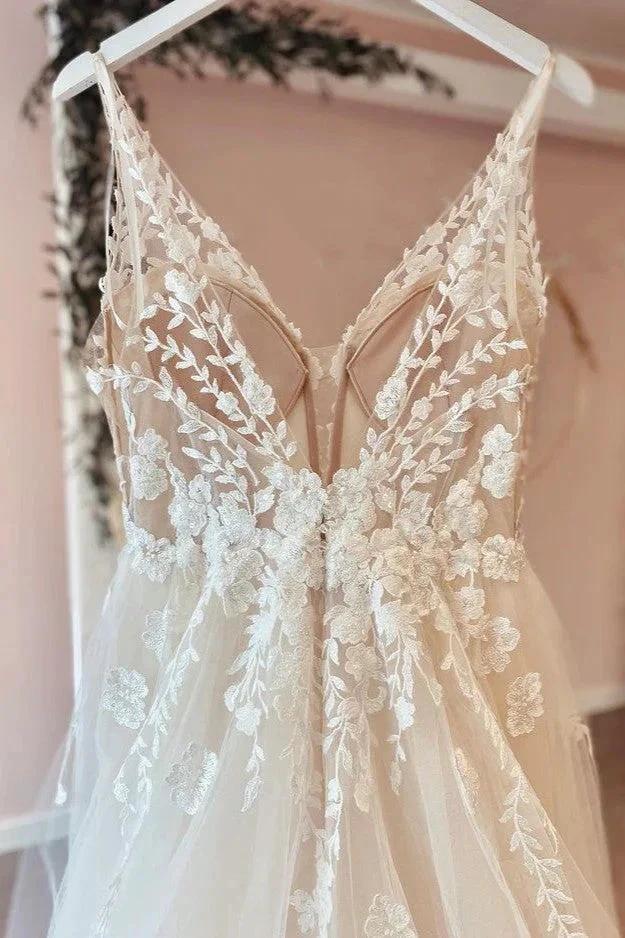 Long A-Line Tulle Appliques Lace Spaghetti Straps V-neck Backless Wedding Dress - Image 4
