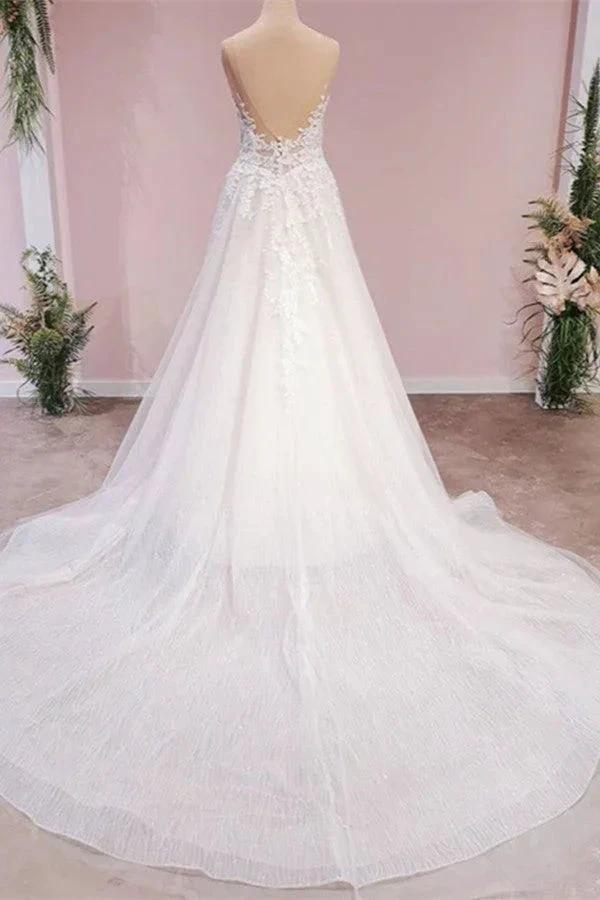 Long A-Line Tulle Backless Appliques Lace Sweetheart Wedding Dress - Image 2