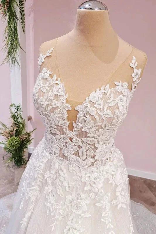 Long A-Line Tulle Backless Appliques Lace Sweetheart Wedding Dress - Image 3