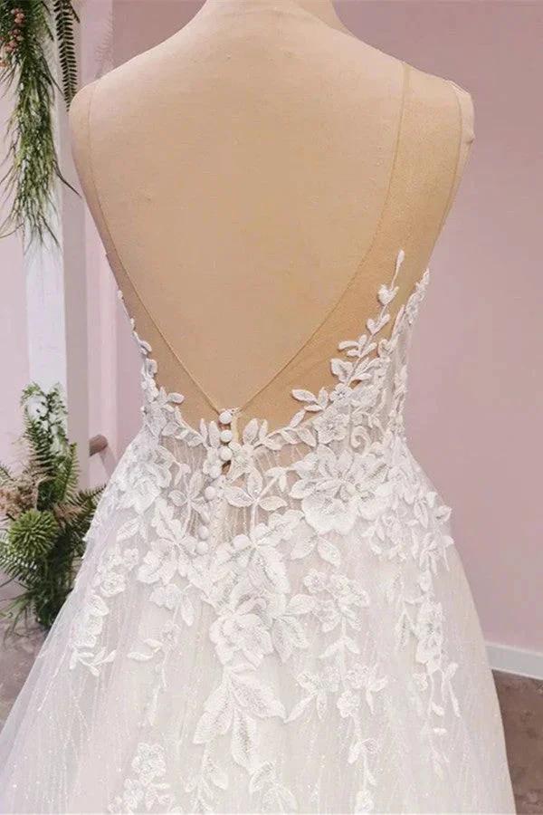 Long A-Line Tulle Backless Appliques Lace Sweetheart Wedding Dress - Image 4
