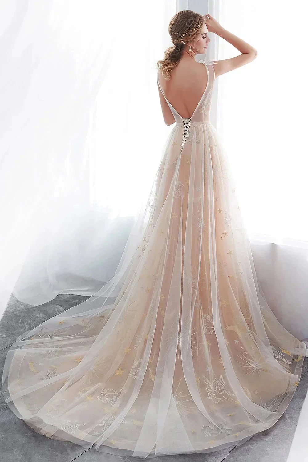 Long A-line Tulle Backless Champangne Evening Dresses - Image 2