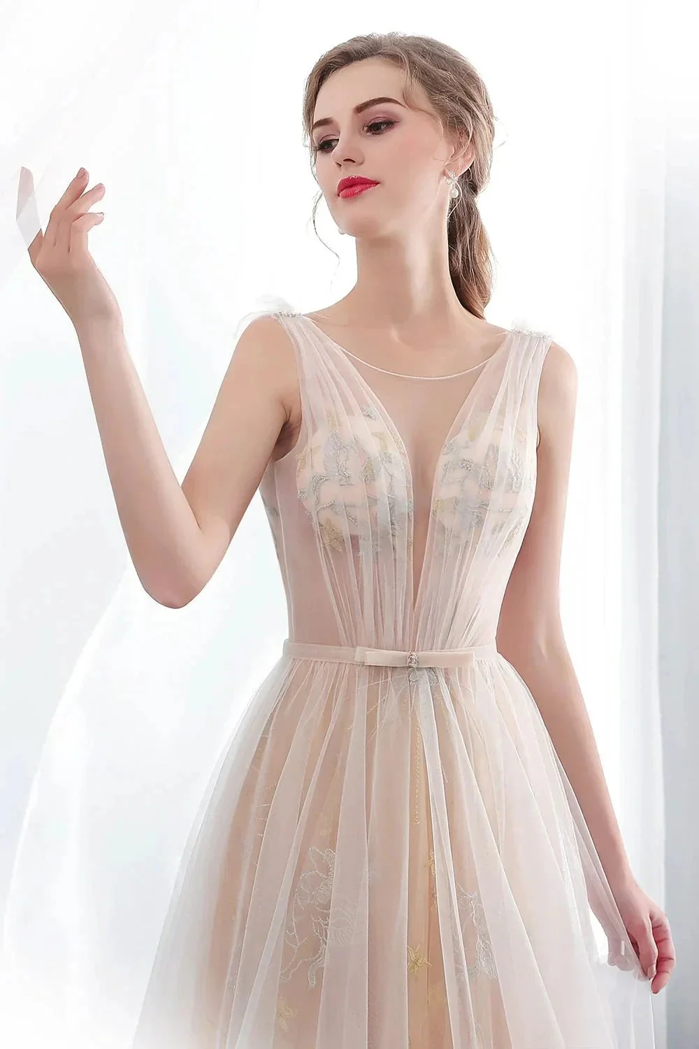 Long A-line Tulle Backless Champangne Evening Dresses - Image 3