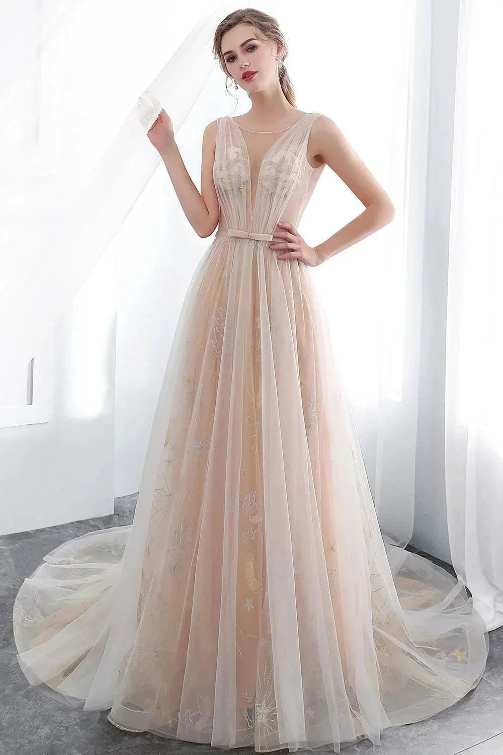 Long A-line Tulle Backless Champangne Evening Dresses - Image 4