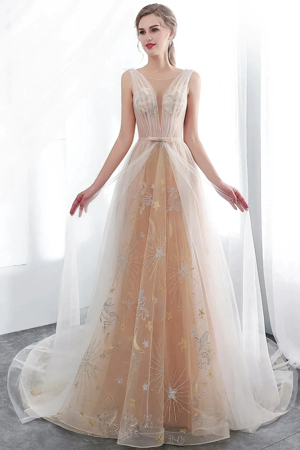 Long A-line Tulle Backless Champangne Evening Dresses - Image 5
