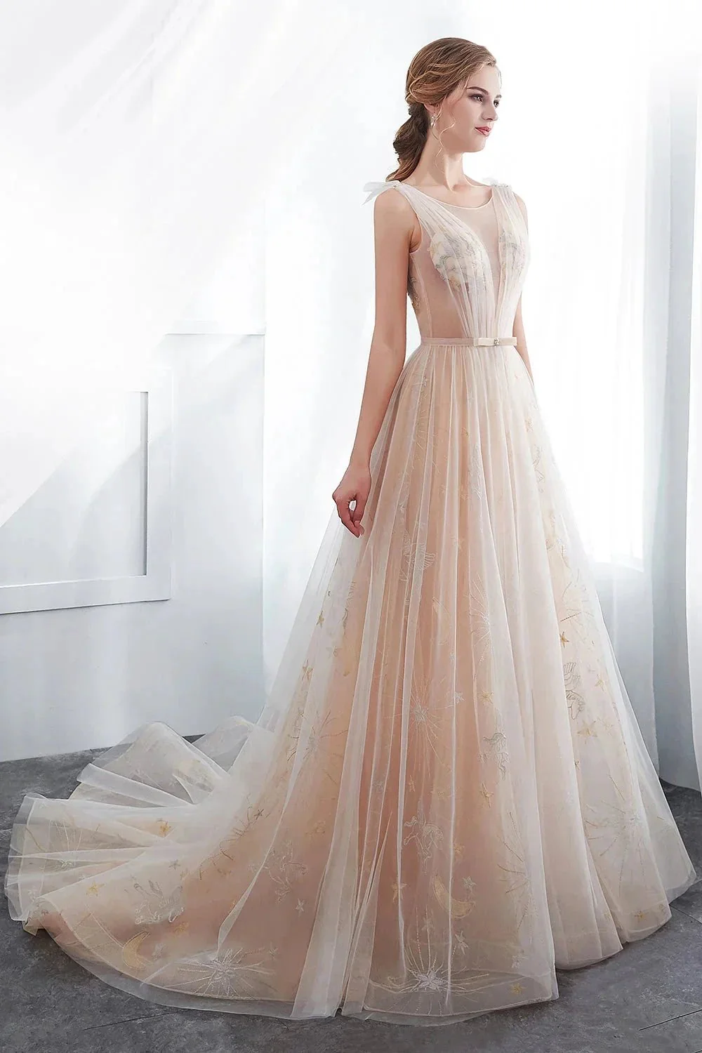 Long A-line Tulle Backless Champangne Evening Dresses - Image 6
