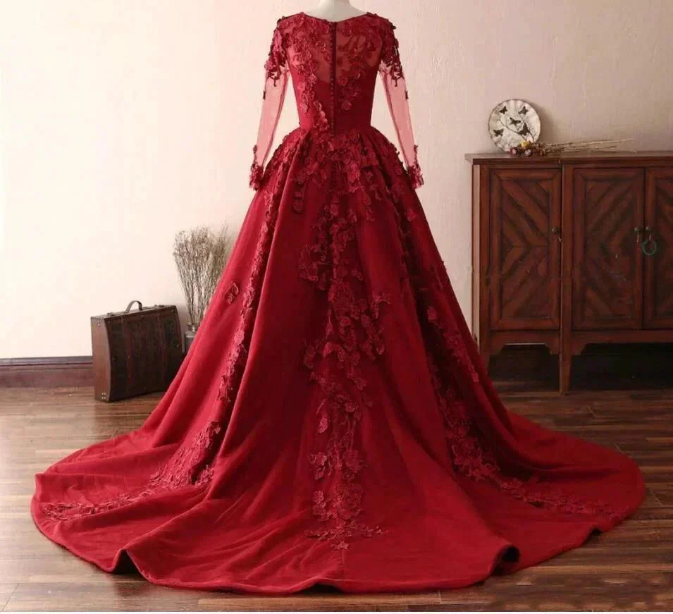 Long A-line Tulle Jewel 3D Floral Appliques Lace Prom Dress - Image 2