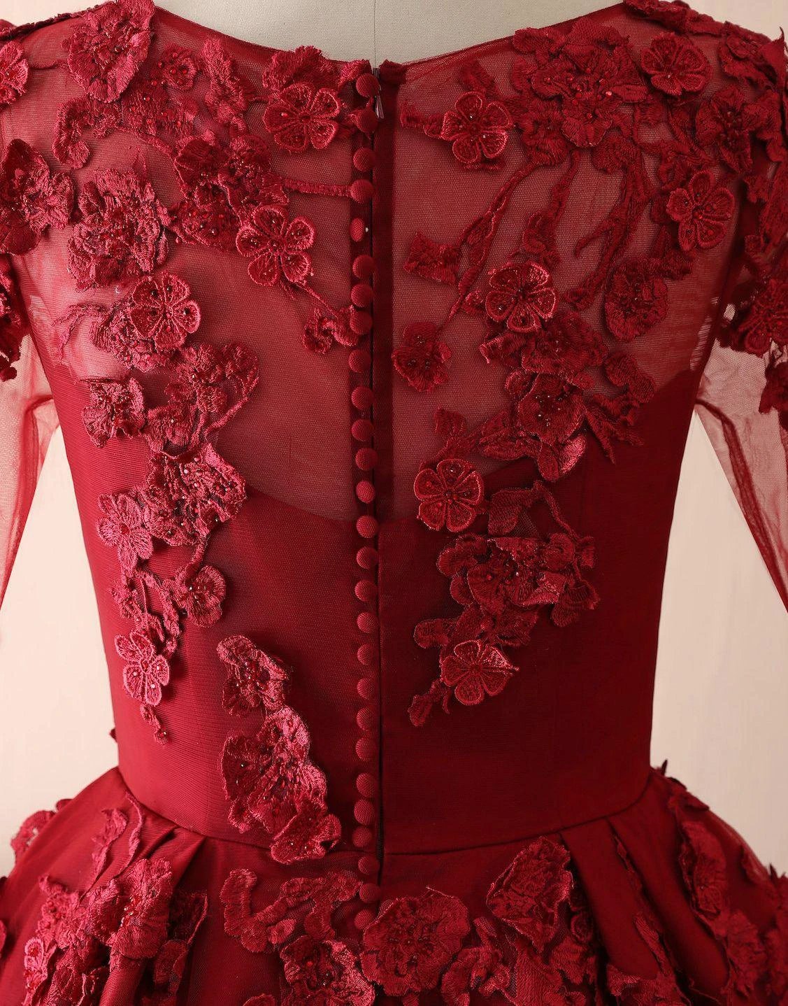 Long A-line Tulle Jewel 3D Floral Appliques Lace Prom Dress - Image 3