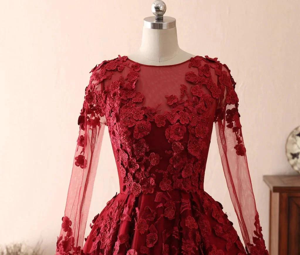 Long A-line Tulle Jewel 3D Floral Appliques Lace Prom Dress - Image 4
