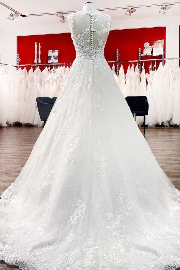Long A-line Tulle Jewel Lace Appliques Wedding Dresses - Image 2