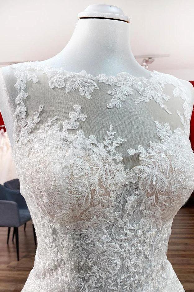 Long A-line Tulle Jewel Lace Appliques Wedding Dresses - Image 3