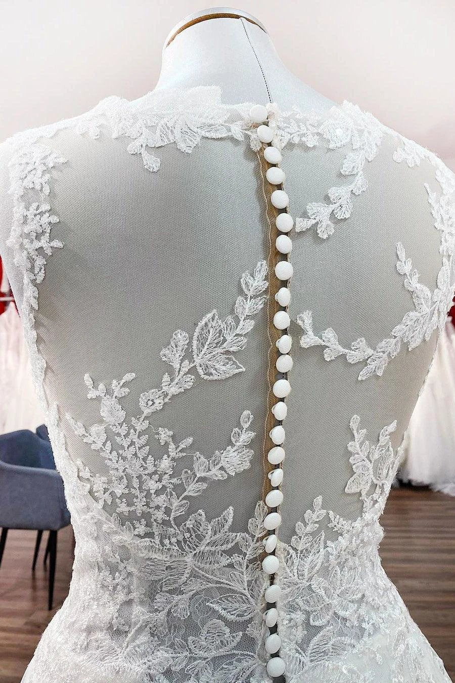 Long A-line Tulle Jewel Lace Appliques Wedding Dresses - Image 4