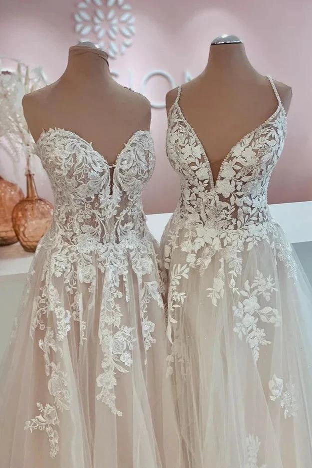 Long A-Line Tulle Lace Appliques Backless Wedding Dress - Image 3
