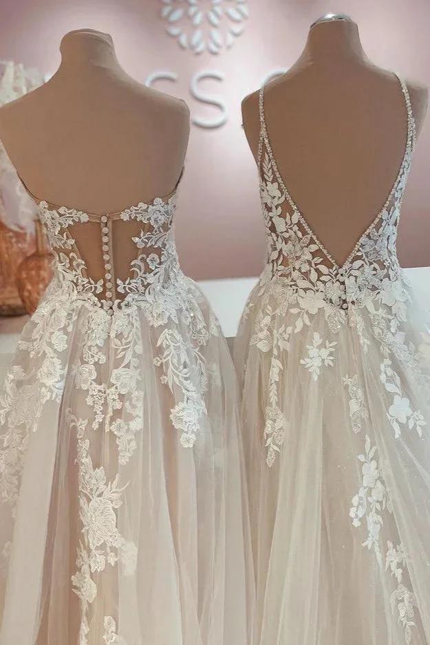 Long A-Line Tulle Lace Appliques Backless Wedding Dress - Image 4