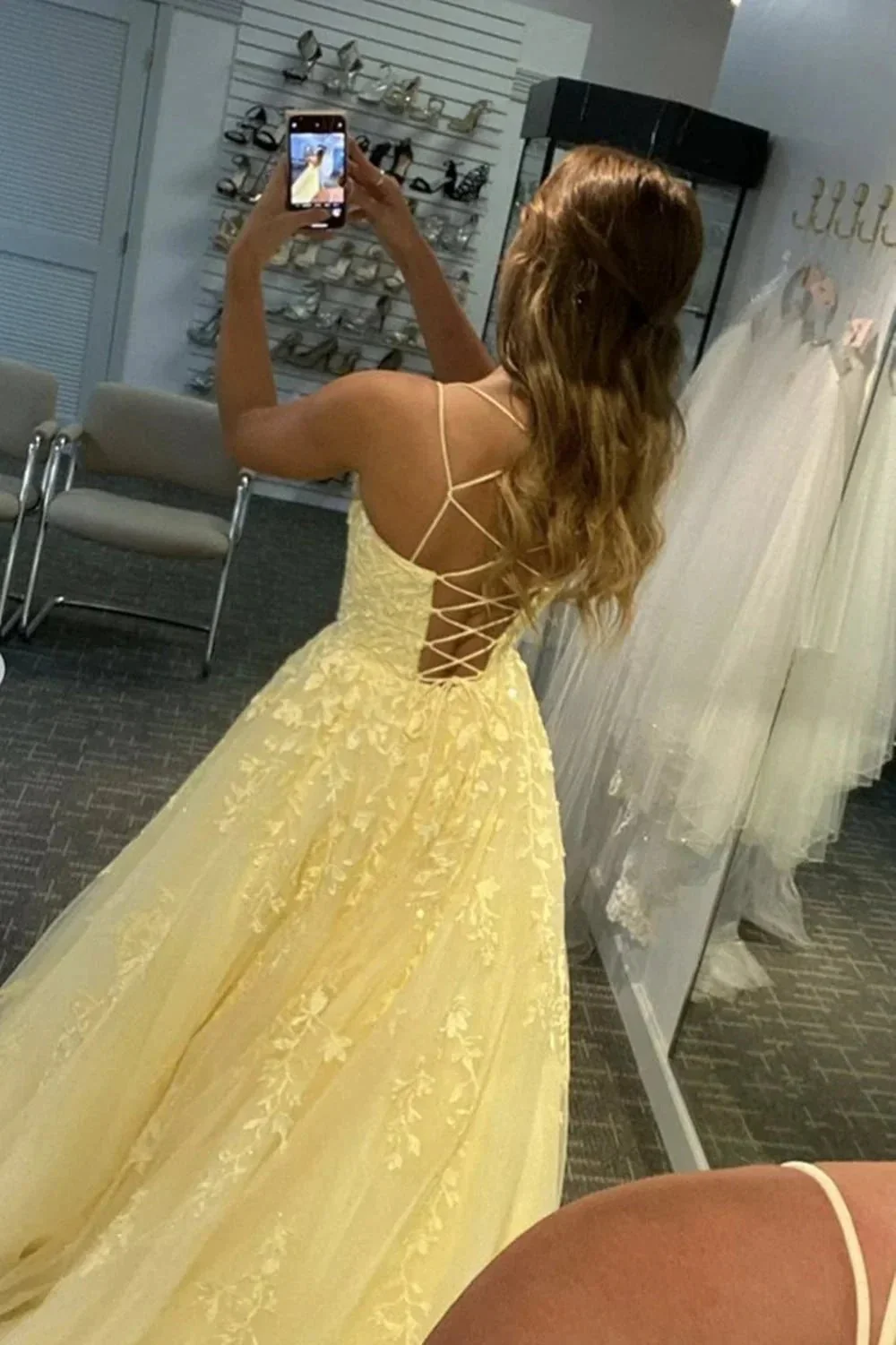 Long A-line Tulle Lace Backless Formal Graduation Prom Dresses - Image 3