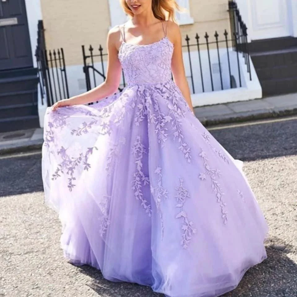 Long A-line Tulle Lace Backless Lace-up Prom Dress - Image 4