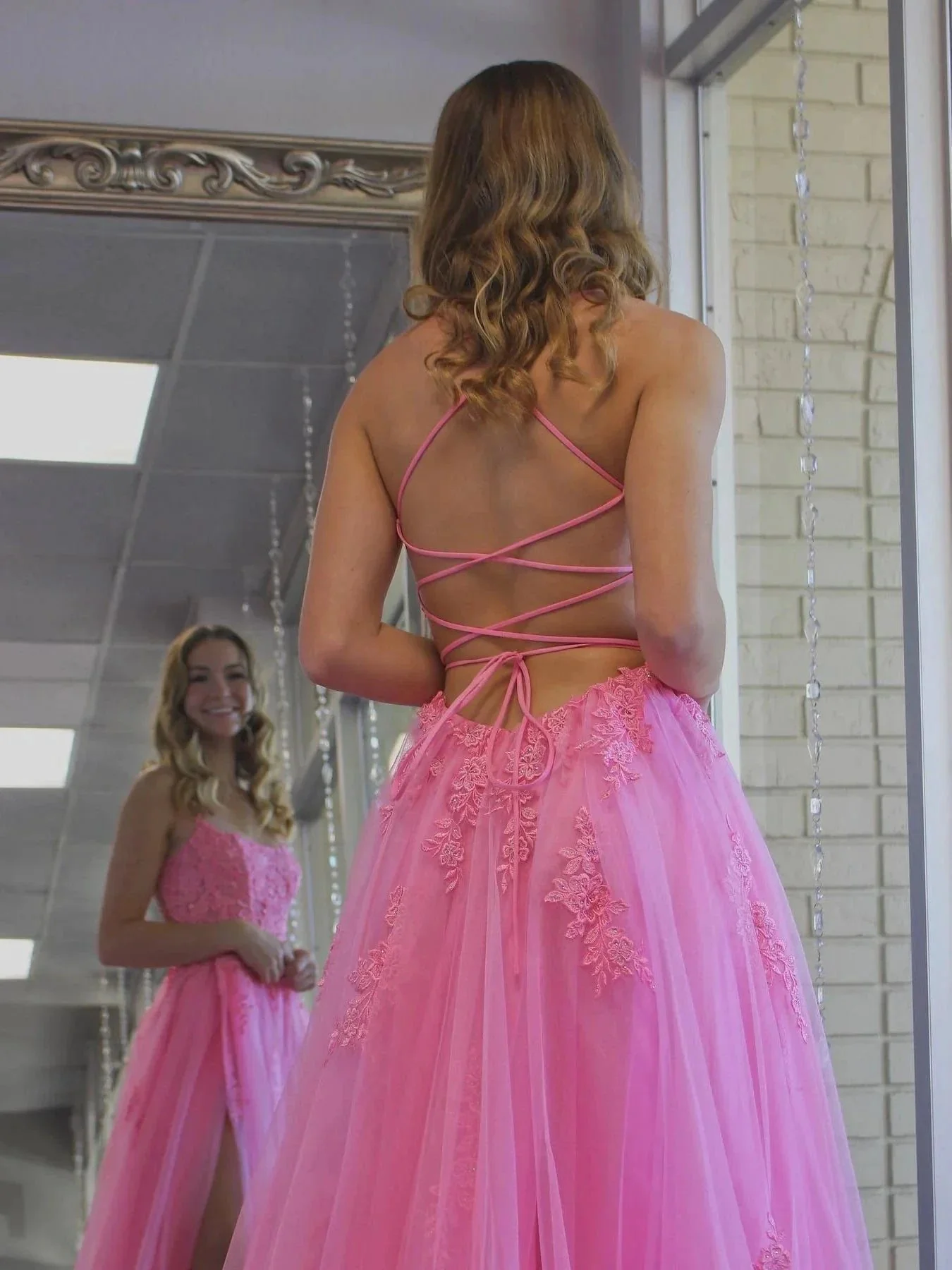 Long A-line Tulle Lace Backless Prom Dress with Slit Pink Formal Evening Gowns - Image 2