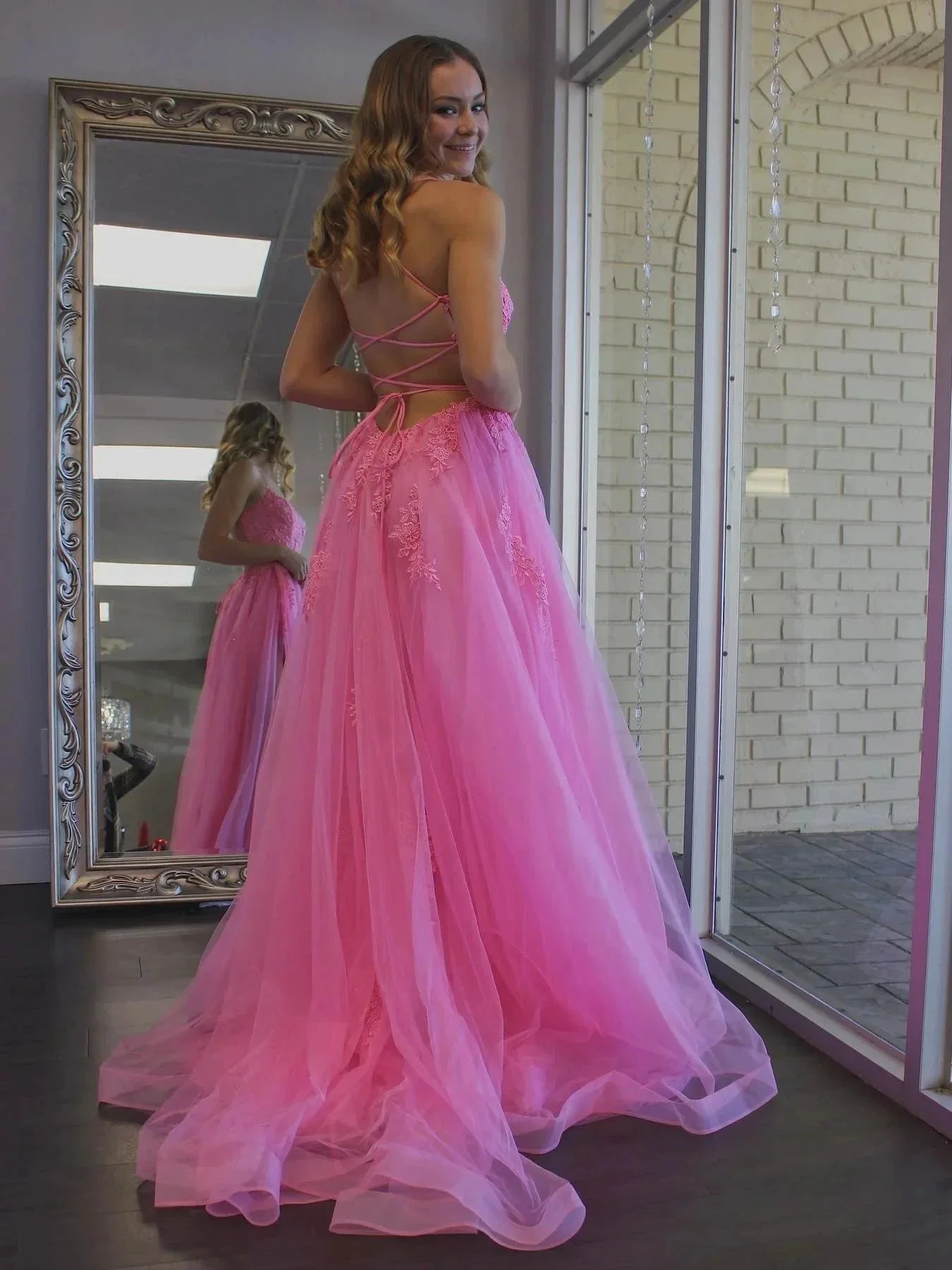 Long A-line Tulle Lace Backless Prom Dress with Slit Pink Formal Evening Gowns - Image 3