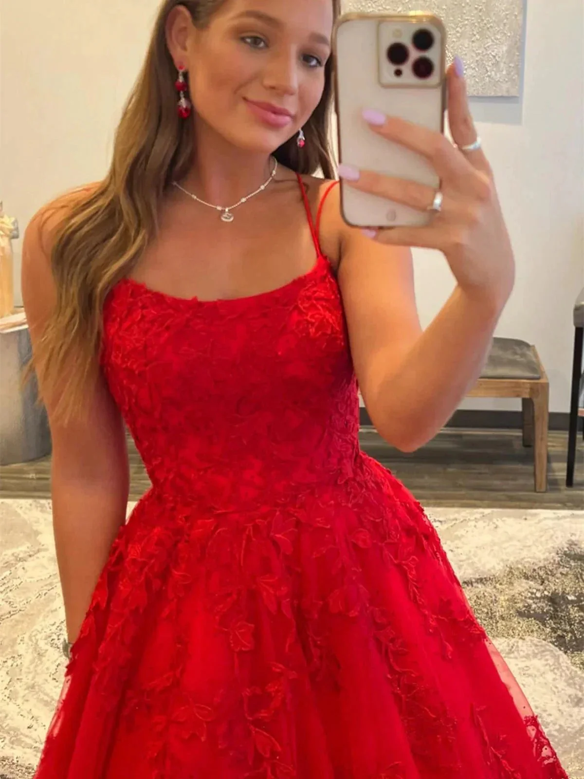 Long A-line Tulle Lace Backless Prom Dresses Red Formal Evening Dresses - Image 3