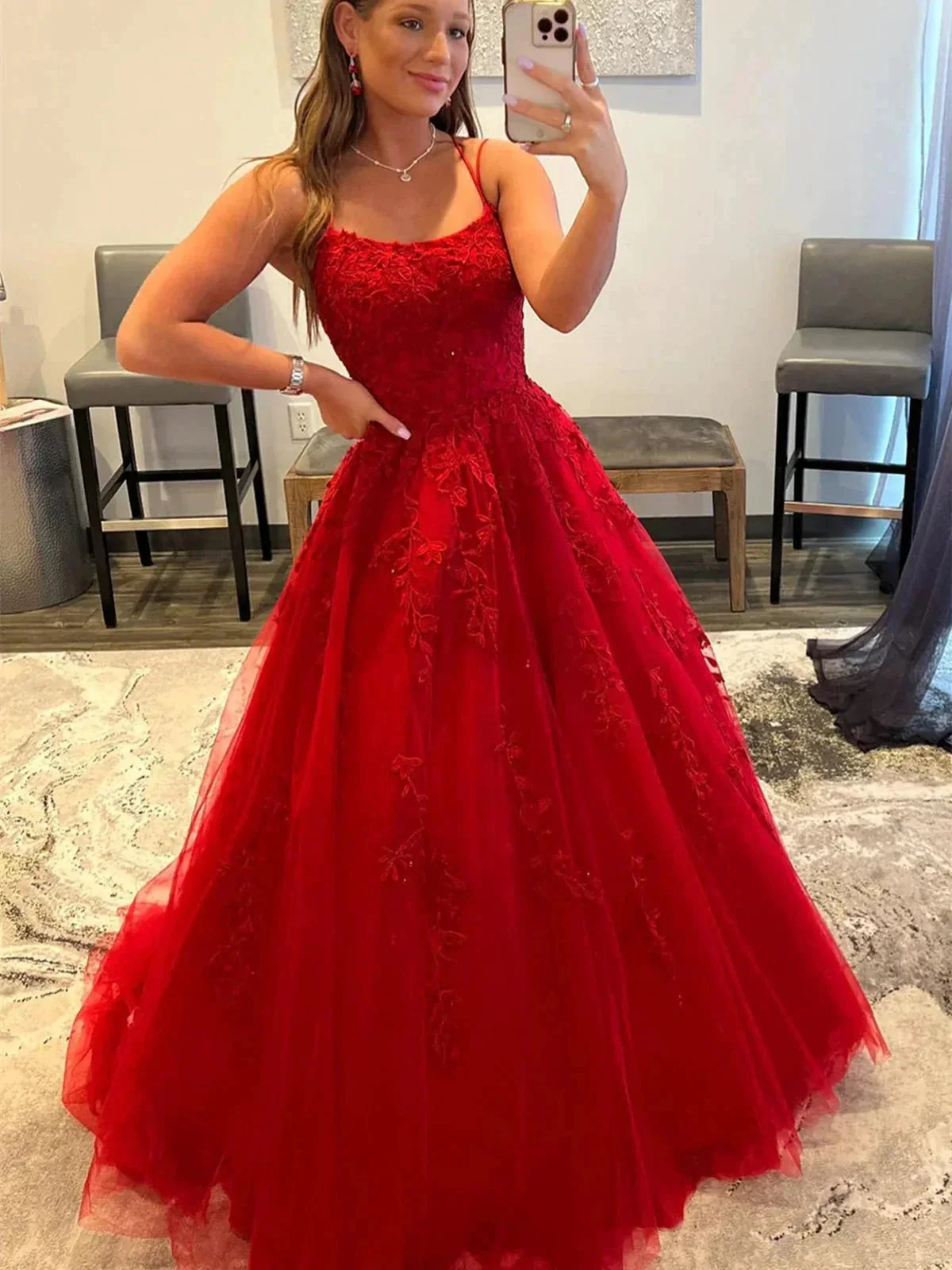 Long A-line Tulle Lace Backless Prom Dresses Red Formal Evening Dresses - Image 4