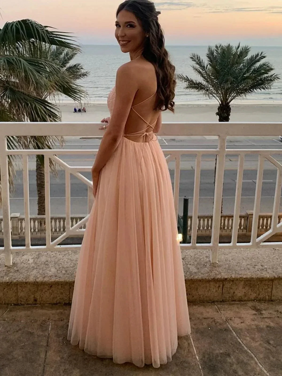 Long A-line Tulle Lace Open Back Formal Prom Dresses - Image 2