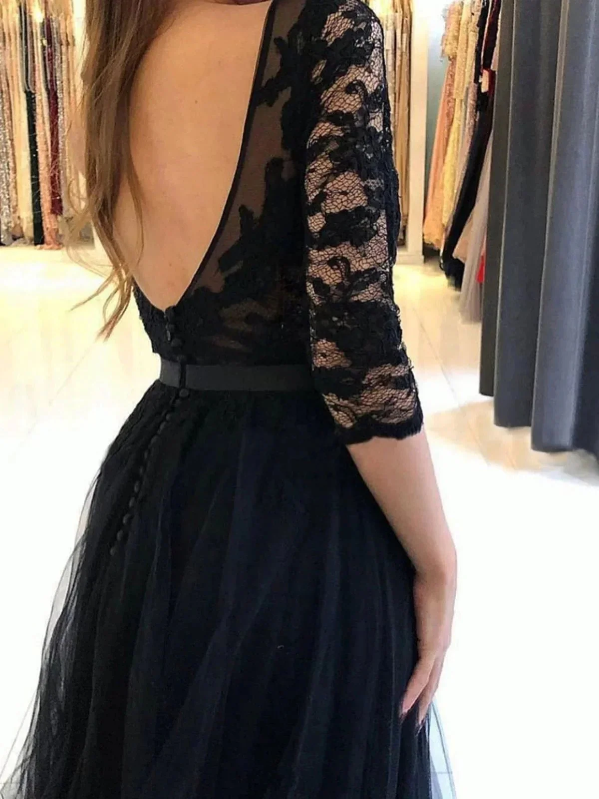 Long A-line Tulle Lace Open Back Front Slit Formal Prom Dresses with Half Sleeves - Image 2