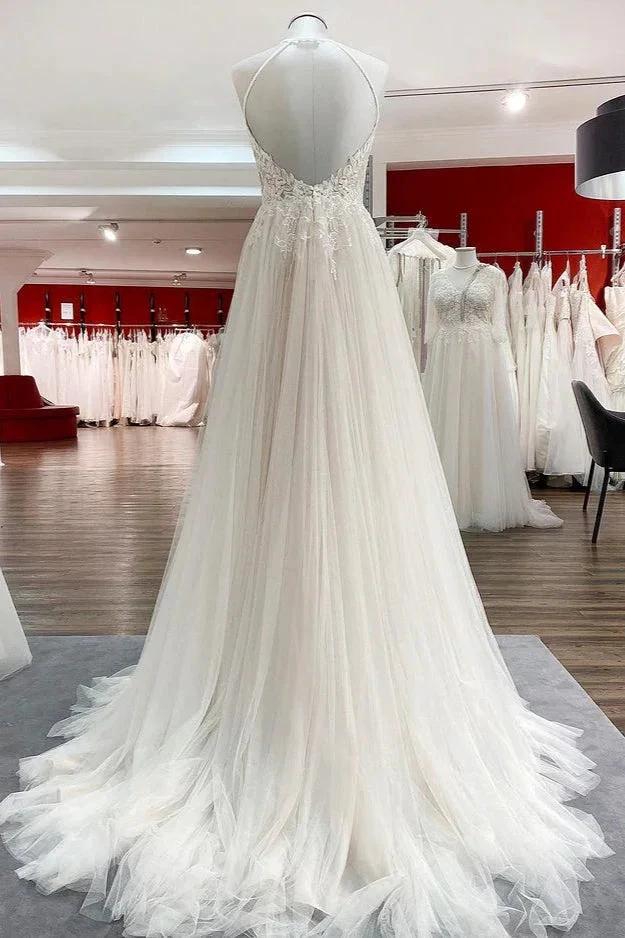 Long A-line Tulle  Open Back Halter Sleeveless Lace Wedding Dresses - Image 2