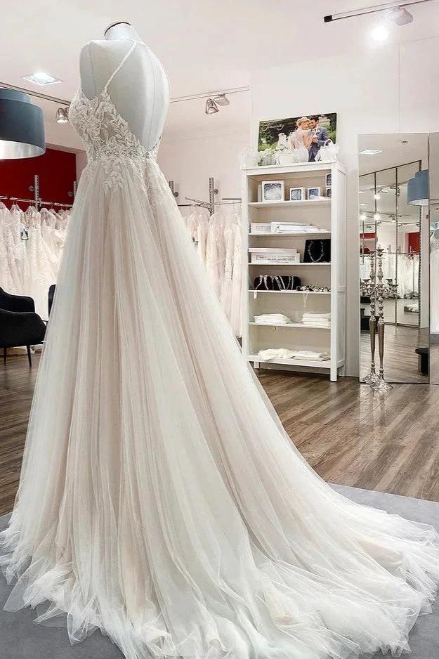 Long A-line Tulle  Open Back Halter Sleeveless Lace Wedding Dresses - Image 3