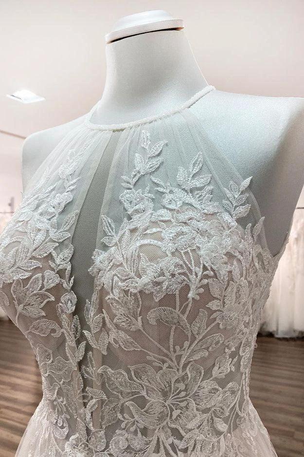 Long A-line Tulle  Open Back Halter Sleeveless Lace Wedding Dresses - Image 4