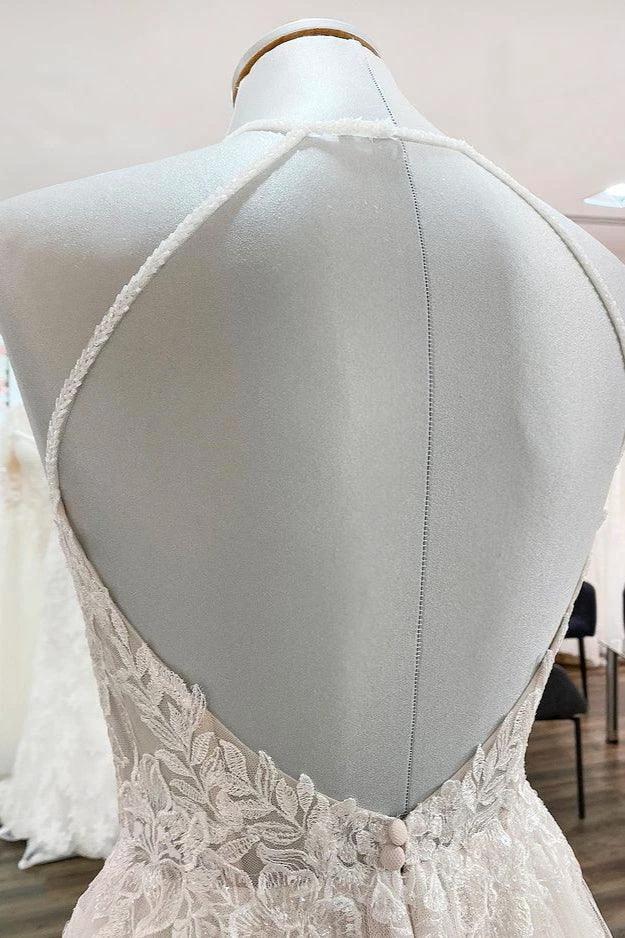 Long A-line Tulle  Open Back Halter Sleeveless Lace Wedding Dresses - Image 5