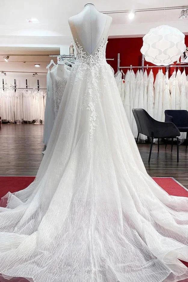 Long A-line Tulle Sleevless Ruffles Jewel Wedding Dress With Lace Appliques - Image 2
