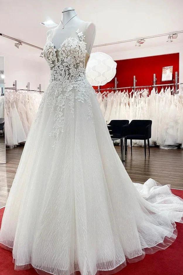 Long A-line Tulle Sleevless Ruffles Jewel Wedding Dress With Lace Appliques - Image 3