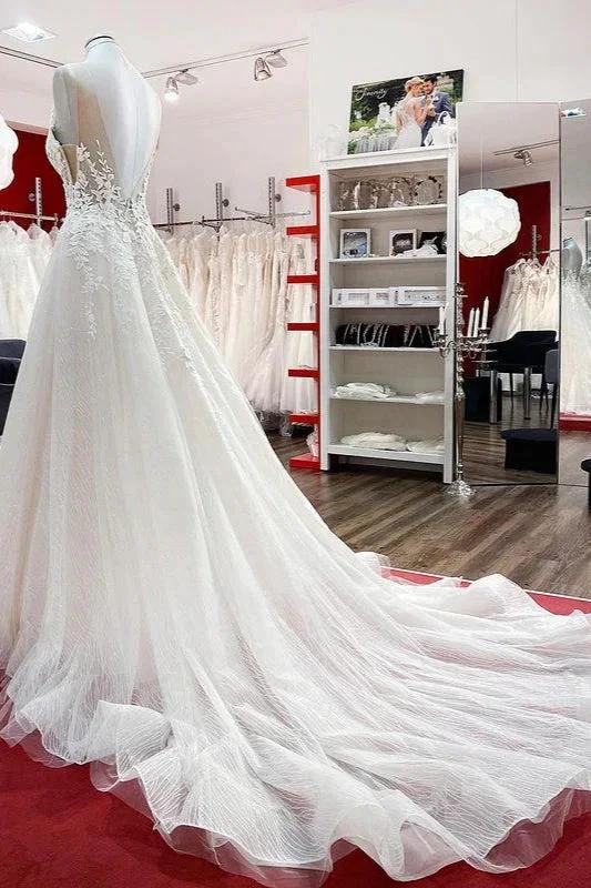 Long A-line Tulle Sleevless Ruffles Jewel Wedding Dress With Lace Appliques - Image 4